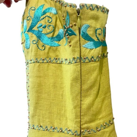 Susan Wong Green Embroidered Linen Beaded Spaghetti Strap Midi Dress - Sz 4 - Picture 6 of 10